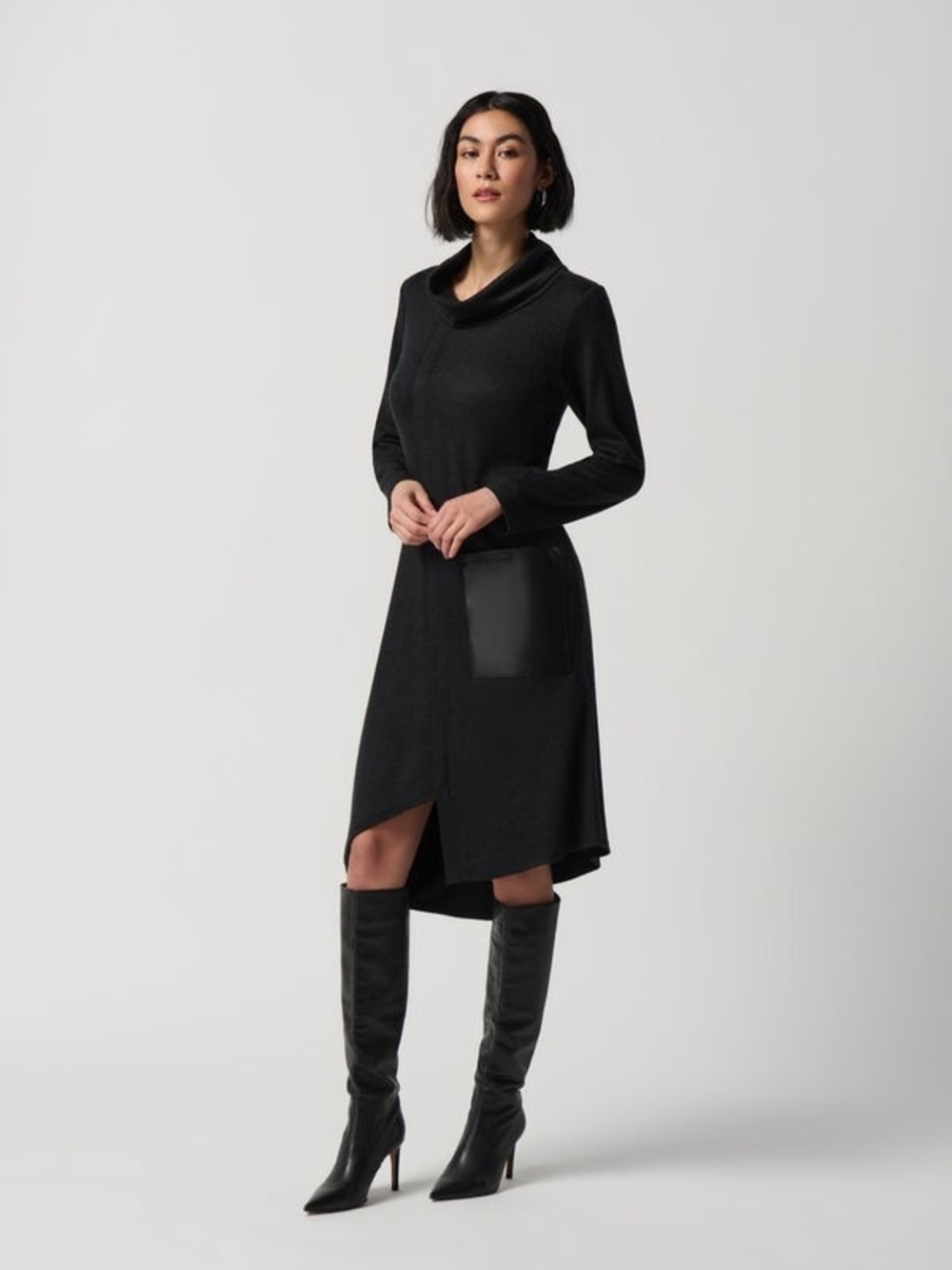 Joseph Ribkoff NWT Dark Grey Mock Neck Faux Leather Pocket Dress Sz 14